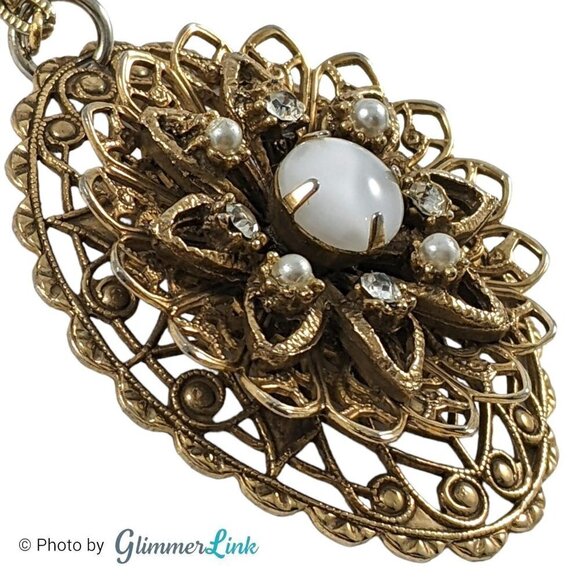 Vintage Layered Filigree Floral Oval Glass Moonstone Gold Tone Pendant Necklace - Picture 6 of 10